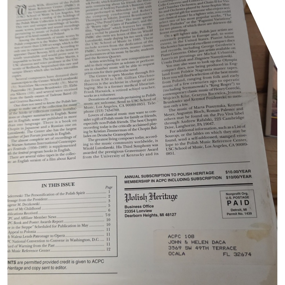 Polish Heritage Quarterly Newsletter Spring 1992 Paderewski Dyczkowski Vol XLIII - Picture 6 of 6